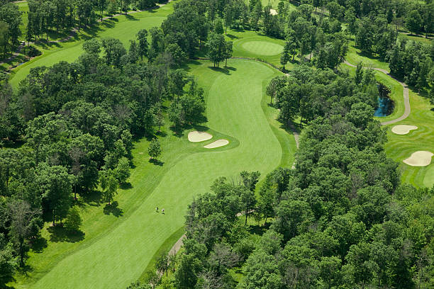 Aerial view of golf fairway and green Aerial view of golf fairway and green (includes two golfers in the fairway)Others you may like: green golf course stock pictures, royalty-free photos & images