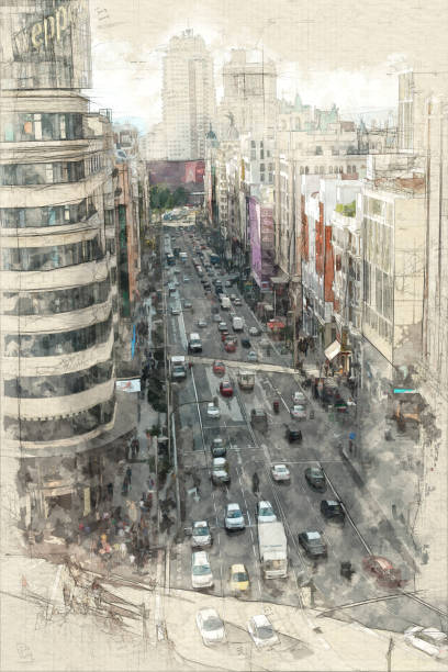 Aerial view of Gran Via in Madrid Sketch of an aerial view of Gran Via avenue in Madrid carrion stock pictures, royalty-free photos & images