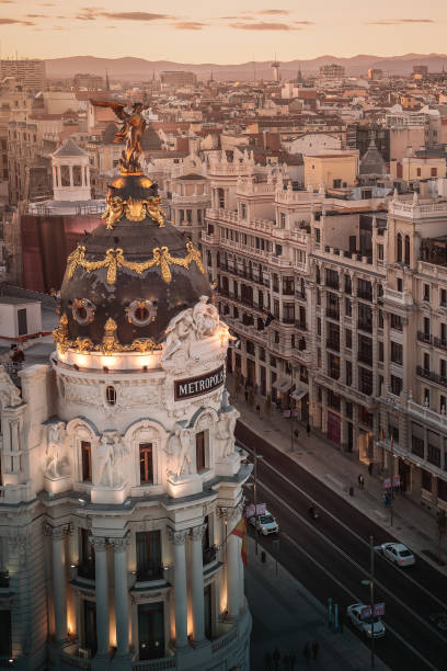 Aerial view of Gran Via Street and Metropolis Hotel Building - Madrid, Spain stock photo