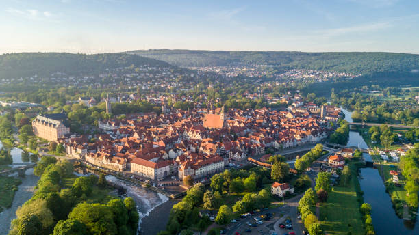 Aerial view of Hann. Munden Aerial view of Hann Munden, Lower Saxony, Germany hesse germany stock pictures, royalty-free photos & images