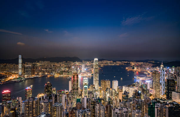 Aerial View of Hong Kong at Night stock photo