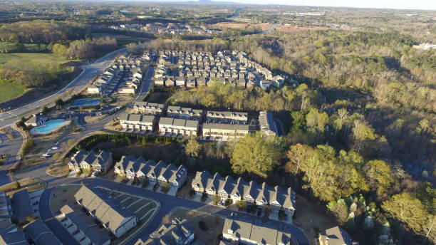 Aerial view of Houses and Townhomes in North Georgia during sunset stock photo