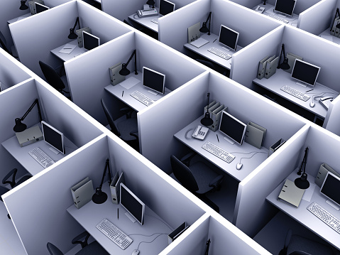 3D illustration of office for routine work in blue color