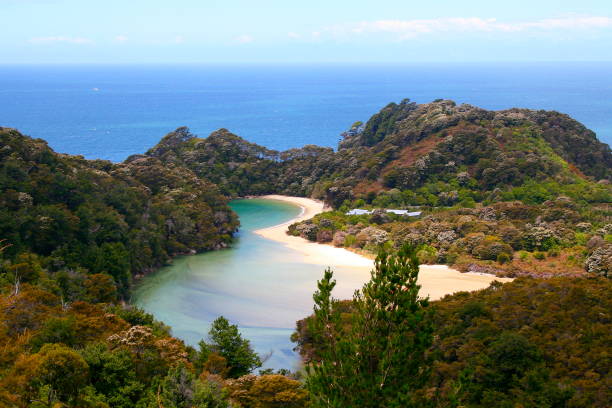 Aerial view of Idyllic Abel Tasman bay landscape, Tasman and Golden bay from above, South New Zealand panorama stock photo