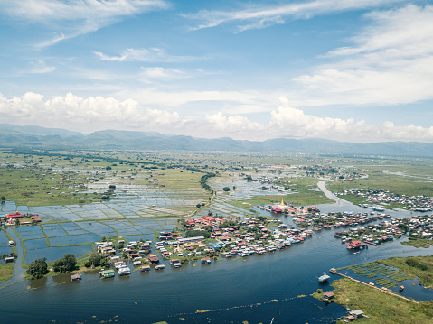 Aerial view of beautiful Inle lake and the Phaung Daw Oo Pagoda, a religious site in the village of Ywama on the west side of the Inle Lake in the Shan state of central Myanmar
