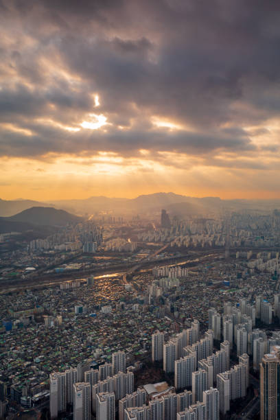 Aerial view of Jamsil area at sunset, Seoul, South Korea. Vertical orientation. stock photo
