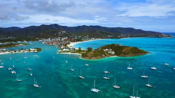 Aerial view of Jolly Harbour Beach, Antigua stock photo