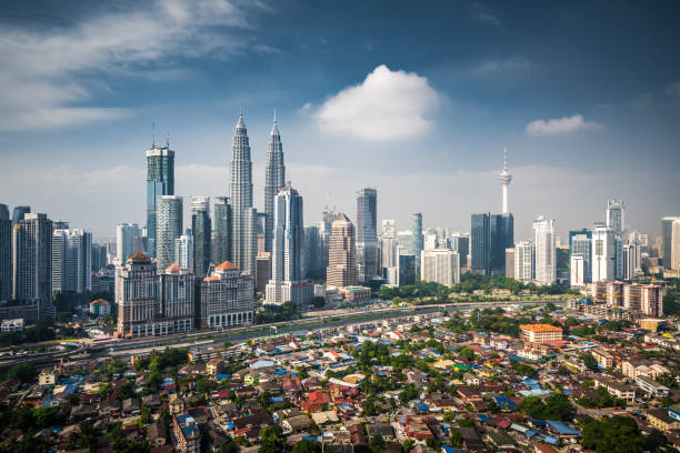 Aerial View of Kuala Lumpur Skyline Elevated view of modern skyscrapers in downtown Kuala Lumpur. kuala lumpur stock pictures, royalty-free photos & images