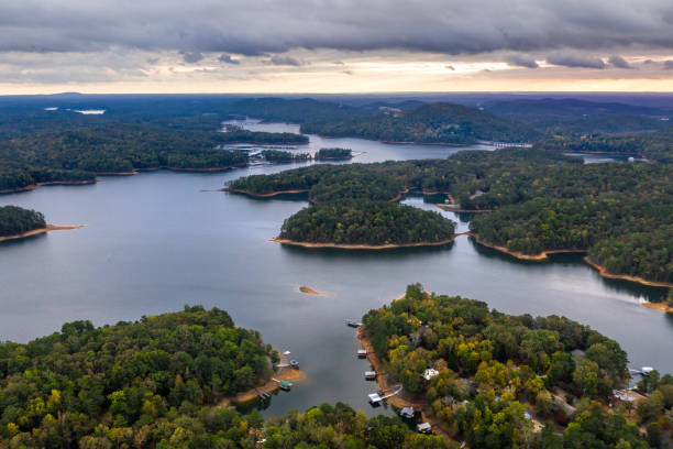 Aerial view of Lake  Allatoona just after the sunset stock photo