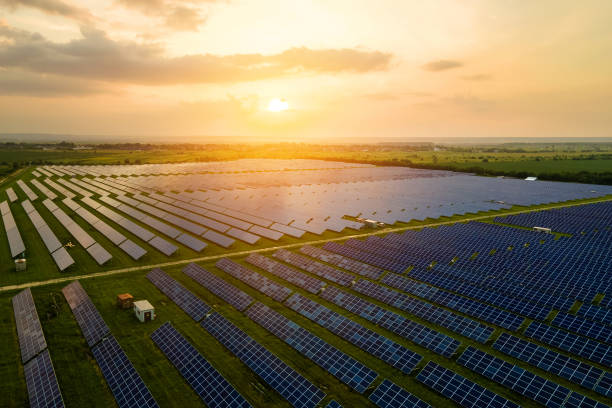 Aerial view of large sustainable electrical power plant with many rows of solar photovoltaic panels for producing clean ecological electric energy in evening. Renewable electricity with zero emission concept. stock photo