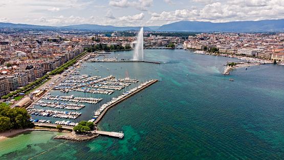 Aerial view of Leman lake with fountain, Geneva, Switzerland