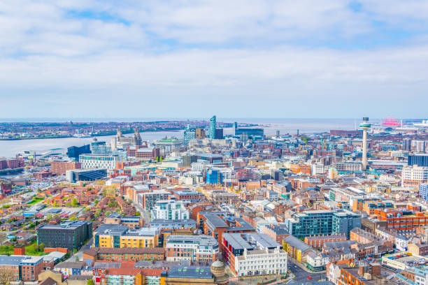 Aerial view of Liverpool including three graces and radio city tower, England Aerial view of Liverpool including three graces and radio city tower, England cunard building liverpool stock pictures, royalty-free photos & images