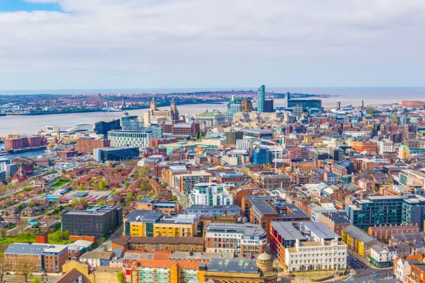 Aerial view of liverpool including three graces, England Aerial view of liverpool including three graces, England cunard building liverpool stock pictures, royalty-free photos & images