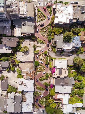 Aerial views of Lombard Street and San Francisco, California