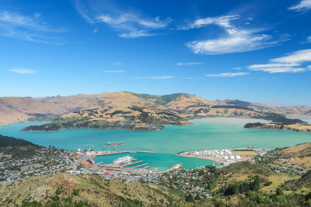 Aerial view of Lyttelton port from the top of Christchurch Gondola Station at Port Hills. stock photo