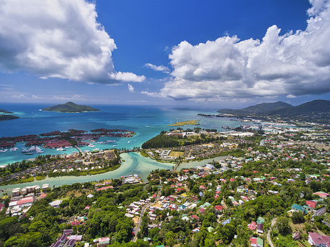 Aerial view of Mahe and Eden Island, Seychelles.