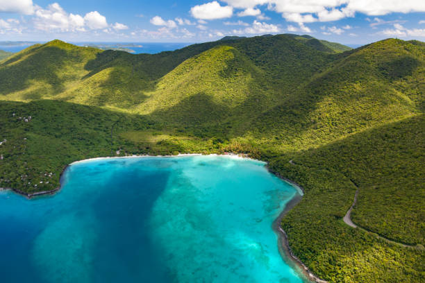 Aerial view of maho bay beach, St John, Virgin Islands stock photo