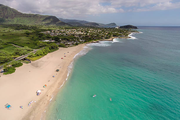 Aerial view of Makaha Beach on Oahu, Hawaii. stock photo