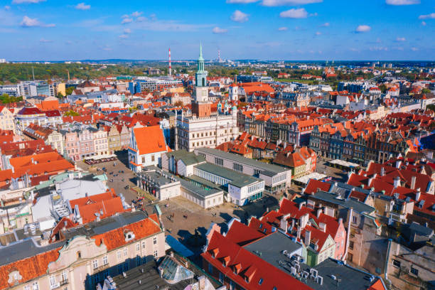 Aerial view of Market square in old town Poznan Aerial view of Market square in old town Poznan poznan stock pictures, royalty-free photos & images
