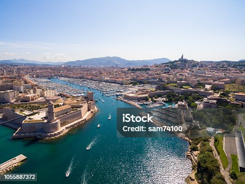 istock Aerial view of Marseille pier - Vieux Port, Saint Jean castle, and mucem in south of France 1055887372