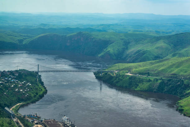 Aerial view of Matadi bridge over Congo River, DRC stock photo