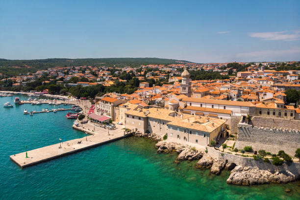 Aerial view of mediterranean coastal old town Krk, Island Krk, Croatia stock photo