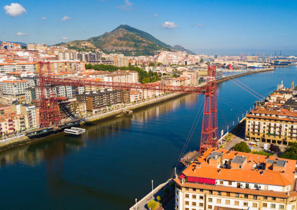 Aerial view of modern Vizcaya bridge crossing  river at Portugalete stock photo