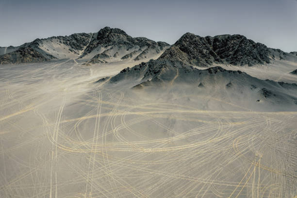 Aerial View of Moutains and Tire Traces / Qinghai, China stock photo