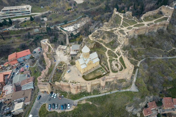 Aerial view of Narikala Fortress - old castle in Tbilisi stock photo