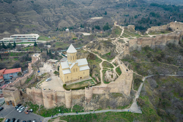 Aerial view of Narikala Fortress - old castle in Tbilisi stock photo