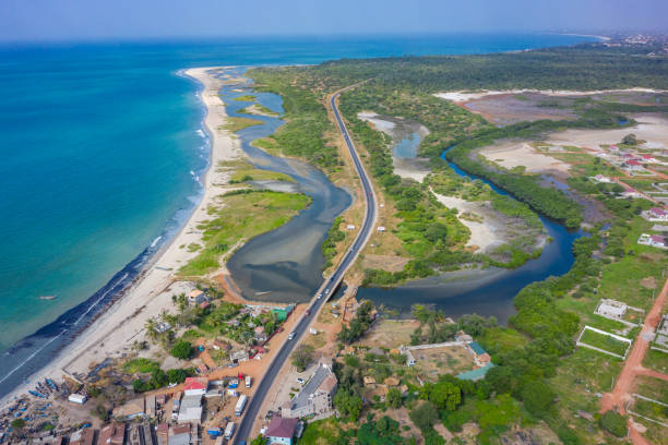 Aerial view of national reserve in south of Gambia, West Africa. Photo made by drone from above. stock photo