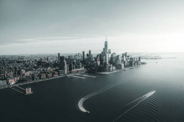 Aerial view of New York City through helicopter stock photo