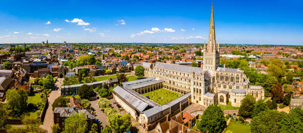 aerial view of norwich cathedral located in norwich, norfolk - norwich imagens e fotografias de stock