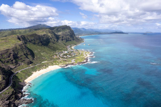 Aerial view of Oahu's Kaiwi Coast south shore, including Makapuu Beach and Sealife Park stock photo