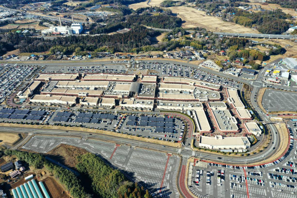 Aerial view of outlet mall stock photo