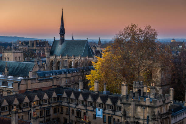 Aerial view of Oxford city Aerial view of Oxford city, city center area during twilight oxford university stock pictures, royalty-free photos & images