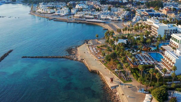 Aerial view of Paphos town in Cyprus. Paphos embankment or coastline with sea and hotels on seaside. Mediterranean resort concept stock photo