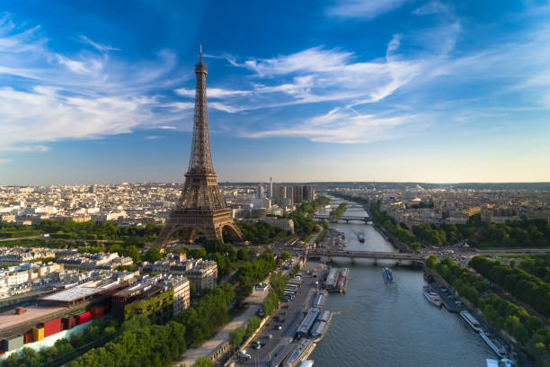 Aerial view of Paris with Eiffel tower during sunset stock photo