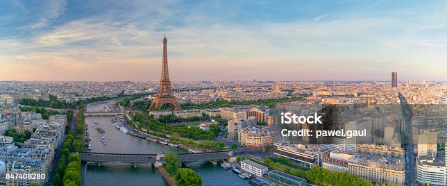 istock Aerial view of Paris with Eiffel tower during sunset 847408280