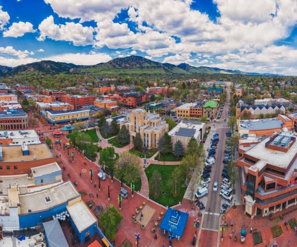 Aerial view of Pearl Street Mall in Boulder Colorado Aerial view of Pearl Street Mall in Boulder Colorado boulder colorado stock pictures, royalty-free photos & images