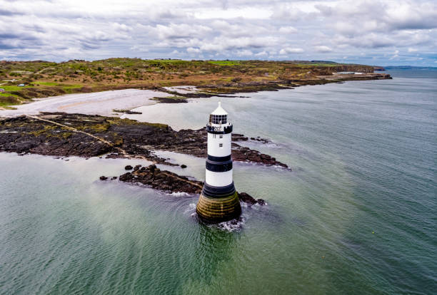 Aerial view of Penmon point lighthouse , Wales - United Kingdom stock photo