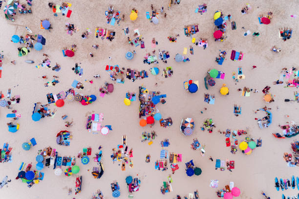 aerial view of people sunbathing at a beautiful beach in portugal - people portugal imagens e fotografias de stock