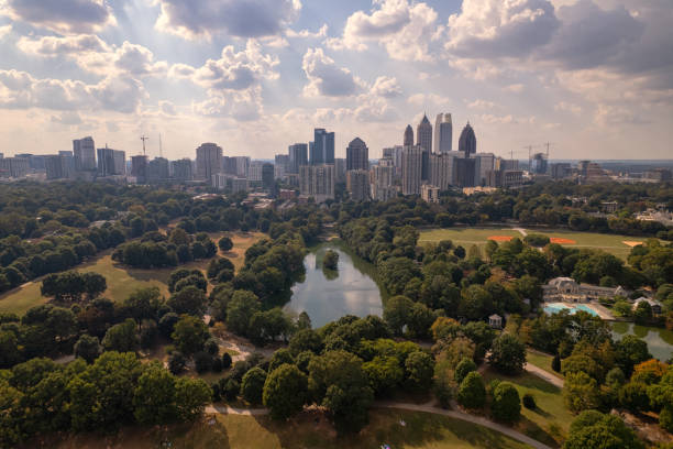 aerial view of Piedmont Park with Atlanta skyline stock photo
