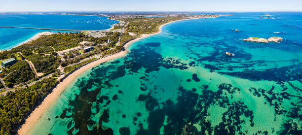Aerial view of Point Peron and Shoalwater Bay with rocky limestone formations and seagrass. stock photo