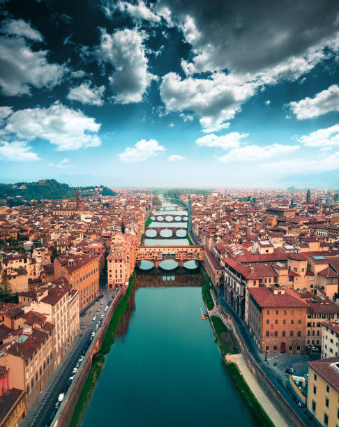 aerial view of ponte vecchio in Florence aerial view of ponte vecchio in Florence duomo santa maria del fiore stock pictures, royalty-free photos & images
