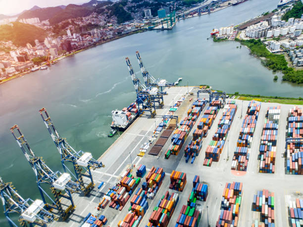 Aerial view of Port of Santos Aerial view of Port of Santos old port cove stock pictures, royalty-free photos & images