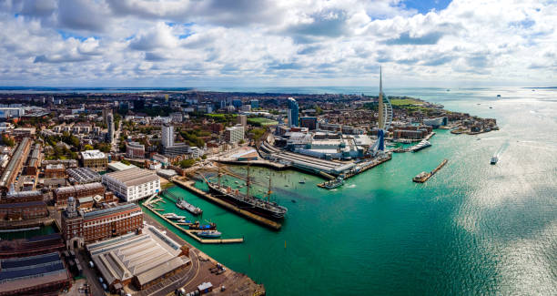 Aerial view of Portsmouth in summer day Aerial view of Portsmouth in summer day, UK english channel photos stock pictures, royalty-free photos & images