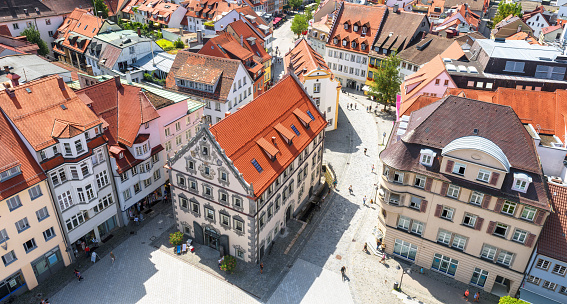 Aerial view of Ravensburg, Baden-Wurttemberg, Germany, Europe. Houses and streets in Ravensburg downtown. Panorama of old Ravensburg town in summer. Concept of travel and tourism in Germany.