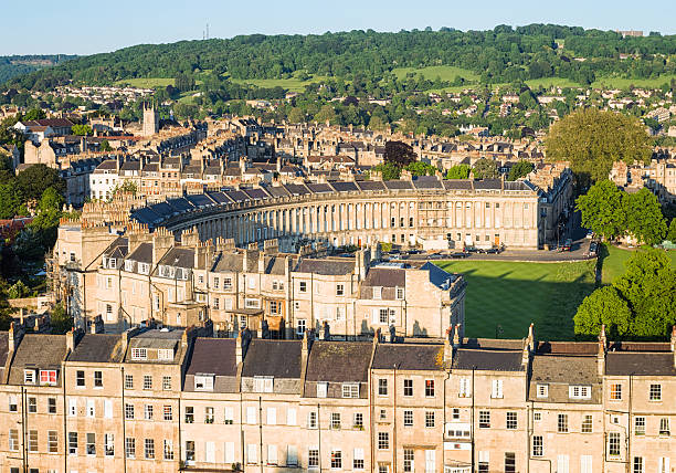Aerial view of Royal Crescent in Bath, England Evening view of Royal Crescent, a heritage street in the English city of Bath. somerset england stock pictures, royalty-free photos & images