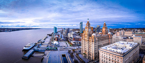 Aerial view of Royal Liver Building, England Aerial view of Royal Liver Building, England northwest england stock pictures, royalty-free photos & images